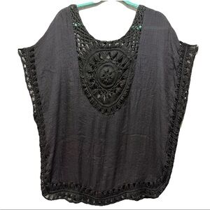 MT Collection Black Swimsuit Coverup Crochet Blouse One Size Boho/Beach/Flowy